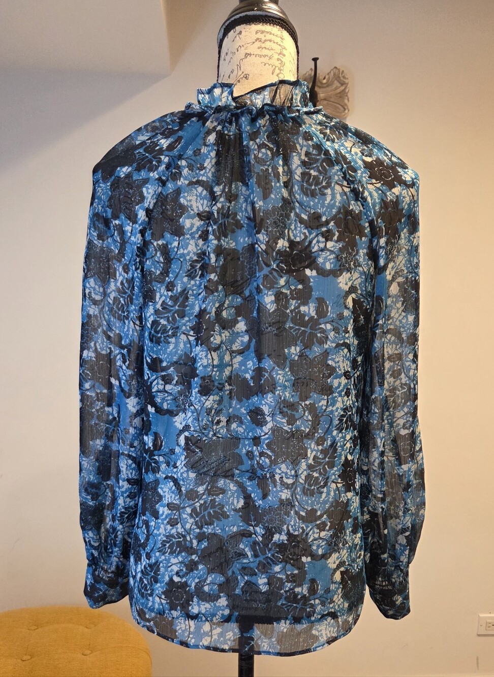 Anthropologie Blue Floral Tie-Neck Sheer Blouse, Size S. - Picture 6 of 15
